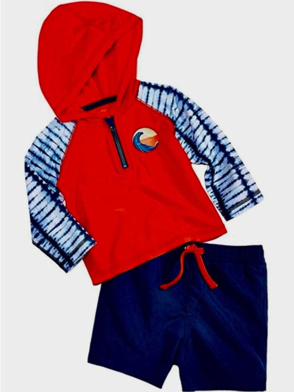 First Impressions Red Hooded Rashguard Set with Navy Tie-Dye Sleeves